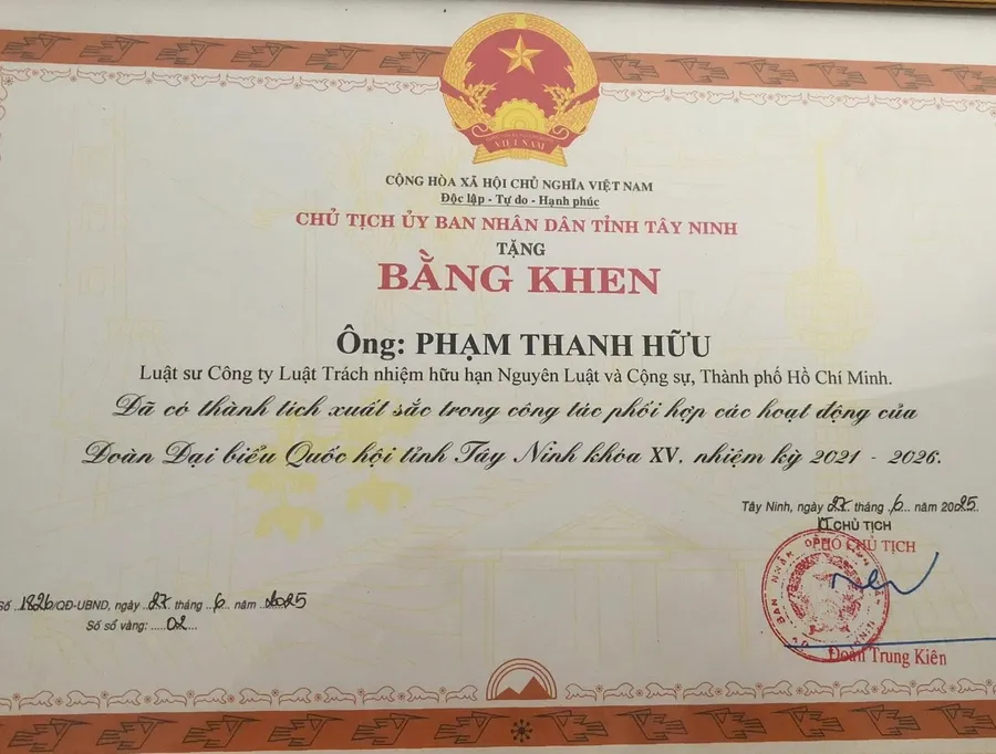 Bằng khen của Chủ tịch UBND tỉnh Tây Ninh tặng Luật sư Phạm Thanh Hữu năm 2025